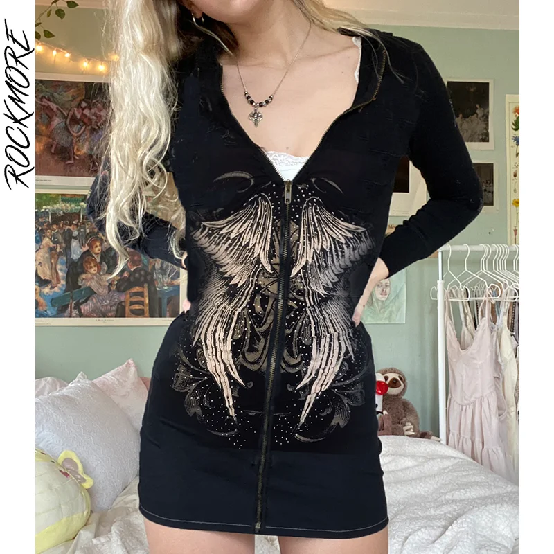 Женское платье с капюшоном Rockmore Goth черное облегающее на молнии длинным рукавом и