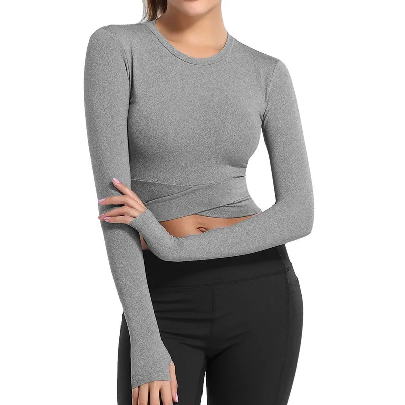 Women Long Sleeve Running Shirts Sexy Exposed Navel Yoga T-shirts Solid Sports Shirts Quick Dry Fitness Gym Crop Tops Sport Wear