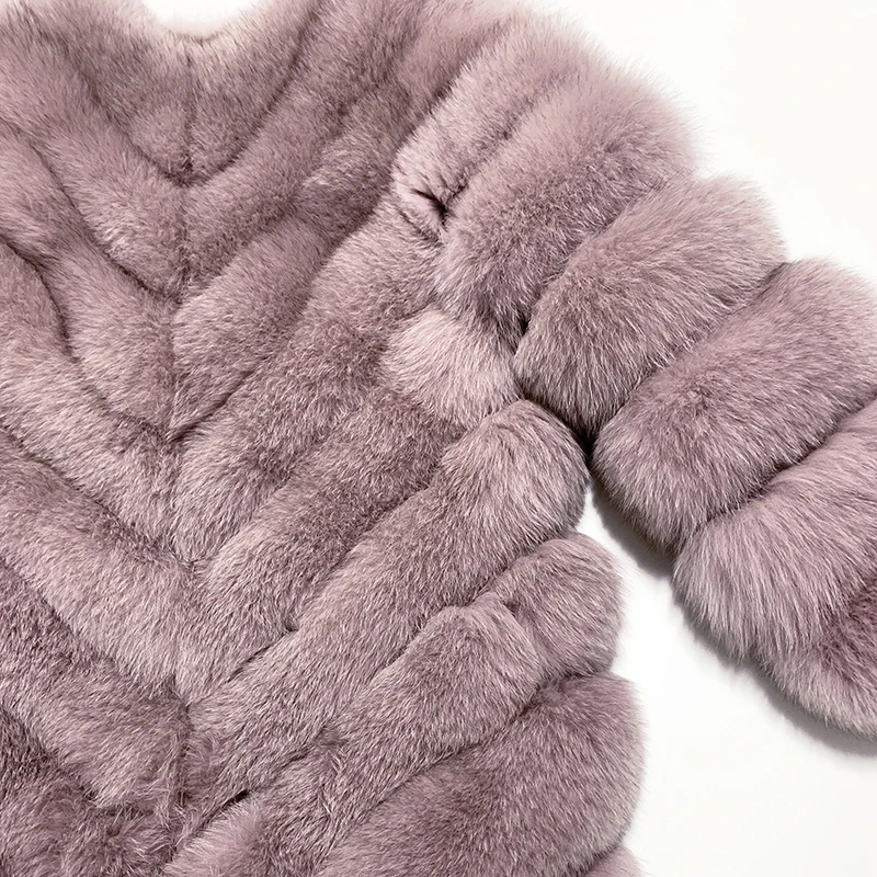 rf2053 Woman's Real Fox Fur Coat Winter Whole Leather Striped Pattern Natural Fur Jacket Warm Winter