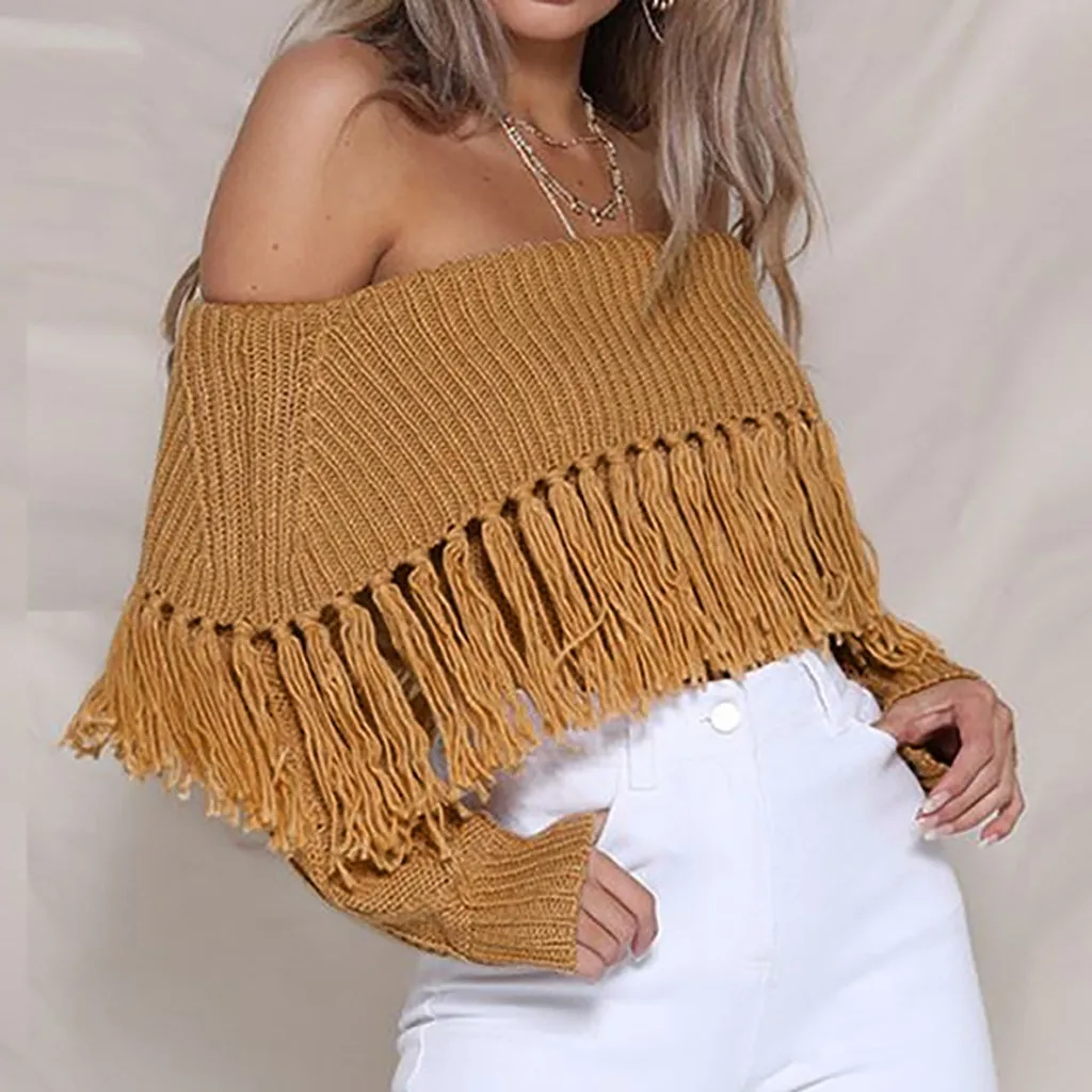 

Sexy Tassel Sweaters Women Slim Fit Knitted Pullovers Off Shoulder Autumn Fringe Coats Bohemia Long Sleeve Jumper Tops Knits