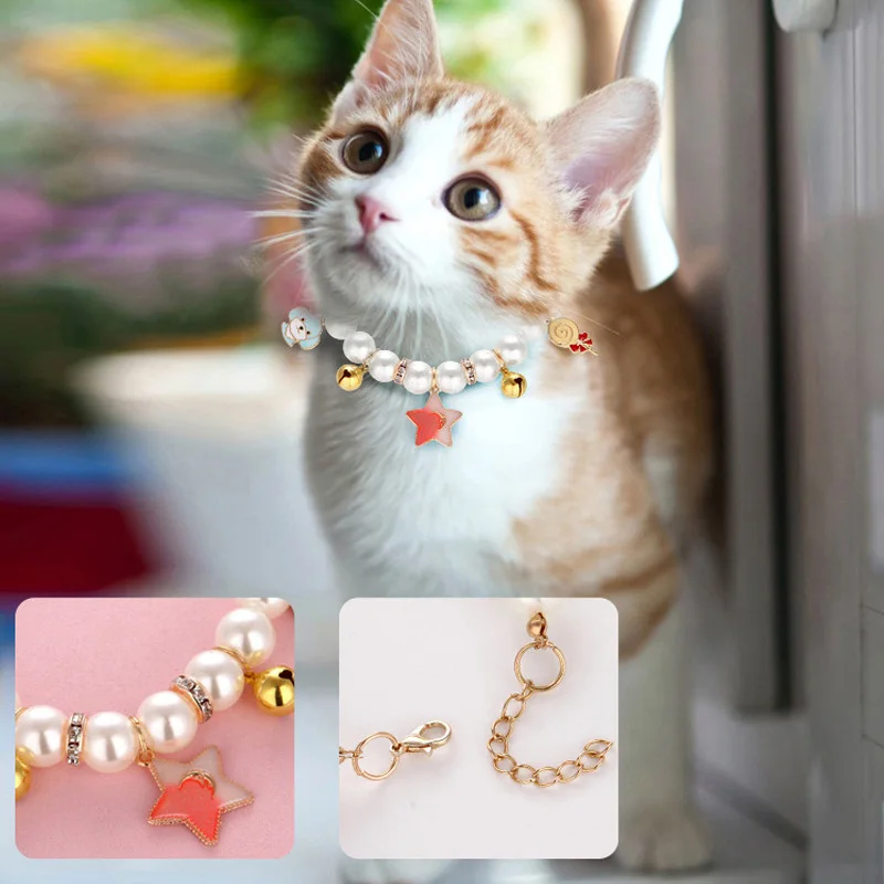 

Pearl Collar Necklace for Cat, Pendant Pet Supplies, Teddy Collar, Adjustable Safety, Kitten Collar, Jewelry Decorati