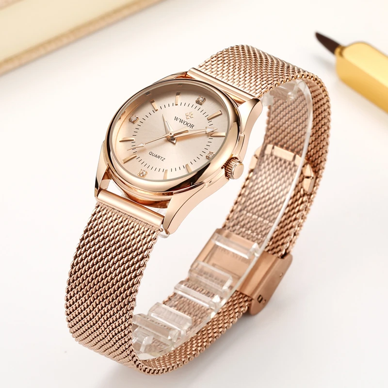 Reloj mujer WWOOR женский раскошный ремешок для часов Брендовые женские часы под платье стальной сетчатый ремешок повседневные часы из розового золота кварцевые наручные часы