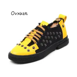 2019 г., весенне-осенние короткие ботинки мужская обувь на плоской платформе, запонка заклепка, цвет желтый, черный повседневная кожаная