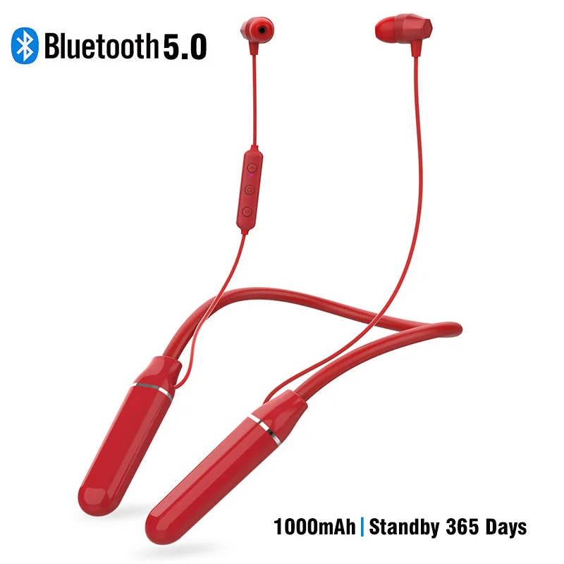 Red Bluetooth наушники с шейным ремешком, беспроводные наушники, рабочая батарея 100 часов, 1000 мАч, в режиме ожидания, 365 дней, 3D стерео гарнитура с басами и громкой связью - Цвет: Red