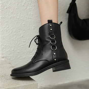 

2020 lace up Ladies Boots Genuine Leather 4cm Thick Heels Pumps Newest Wedding Office Lady Shoes Woman