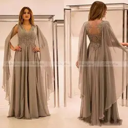 Арабский коричневый шифоновый плащ рукав вечернее платье 2020 Кружева Аппликации Линия женские торжественные платья для выпускного кафтаны