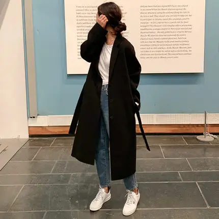

Winter Mid-length over-the-Knee Woolen Jacket Women's Korean-style College Style Lace-up Thick Loose And Plus-sized Cocoon Duffl