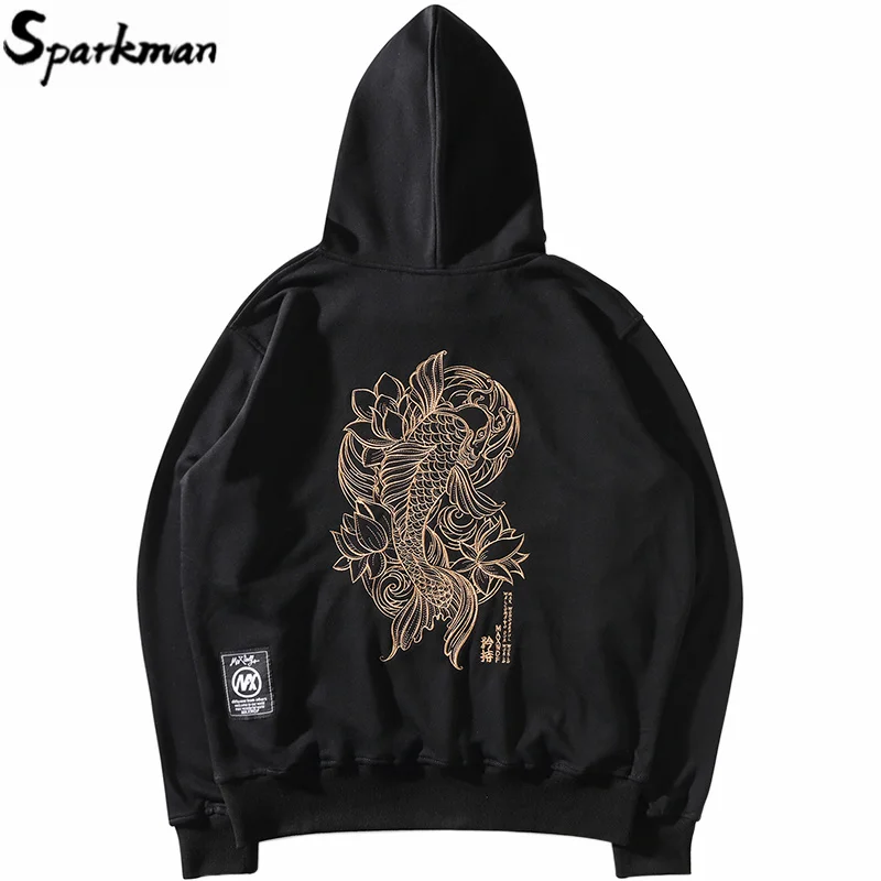 

2019 Men Hip Hop Hoodie Sweatshirt Embroidery Lucky Fish Lotus Harajuku Streetwear Pullover Hoodie Cotton Big Hooded Sweatshirts