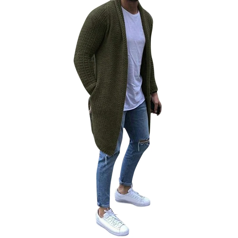 Cárdigan de lana para hombre, cálido, sólido, espacioso, con bolsillo, jerséis largos de moda, chaquetas informales de algodón de punto, Otoño e Invierno