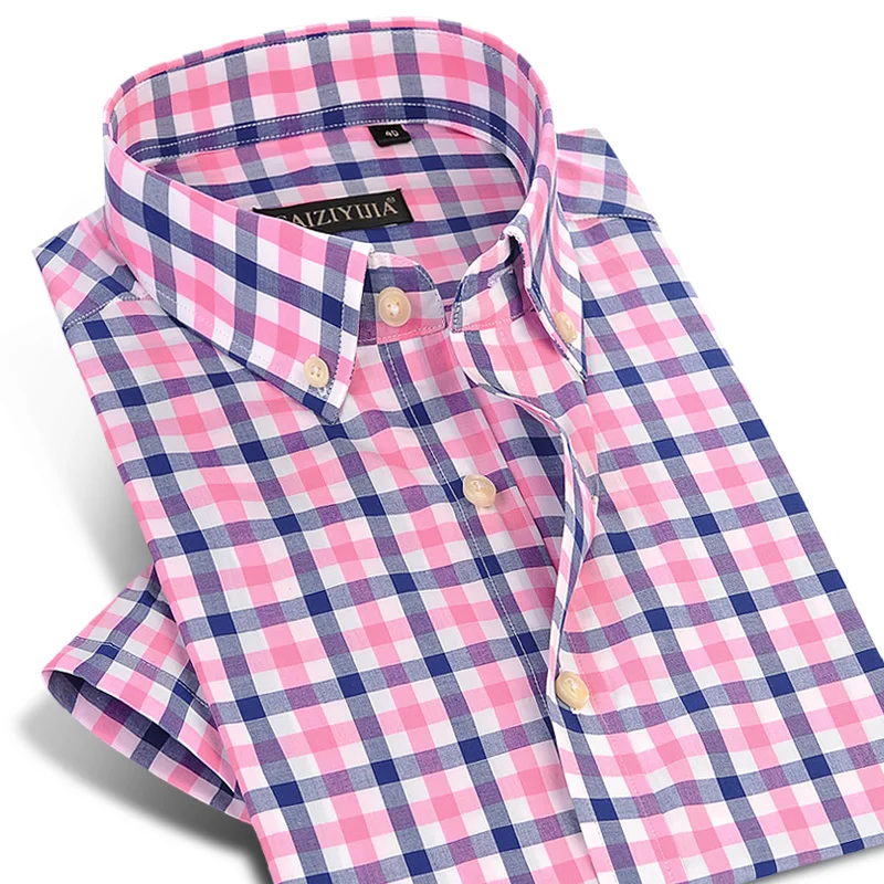 England Style Plaid Checked Cotton Men Shirts Pocket-less Design Short Sleeve Summer Casual Standard-fit Button-down Thin Shirt England Style Plaid Checked Cotton Men Shirts Pocket-less Design Short Sleeve Summer Casual Standard-fit Button-down Thin Shirt