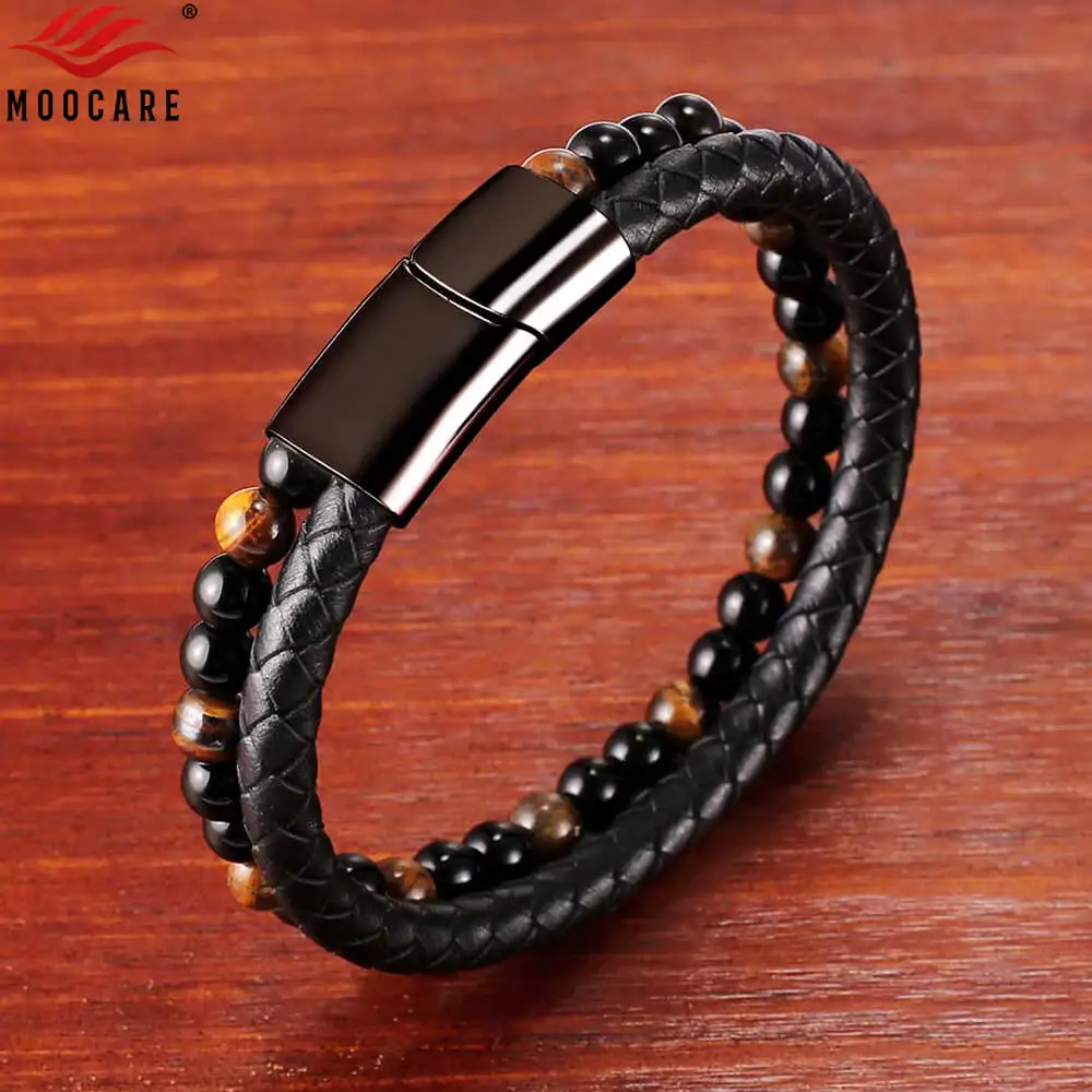 

Moocare handmade charm leather bracelet men stainless steel magnet clasp nature stone strand beaded bracelets hand chain jewelry