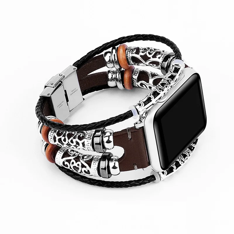D Leather Bracelet for Apple Watch 4 5 40mm 44mm Fresh Appearance DIY Stainless Steel Silver Buckle Strap Iwatch 3 2 1 38mm 42mm - Цвет ремешка: D