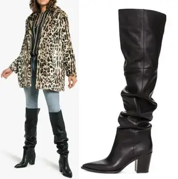 

Hot Woman Genuine Leather Black Brown Smooth Pleated Tube Over The Knee Boots Fashion Lady Pointed Toe Thigh High Knight Boots