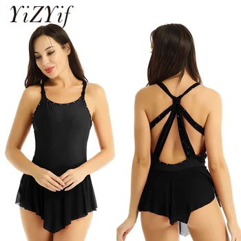 

Women Figure Skating Dress Shiny Rhinestones Sleeveless Criss-cross Back Ice Skating Roller Skating Ballet Leotard Dance Dress