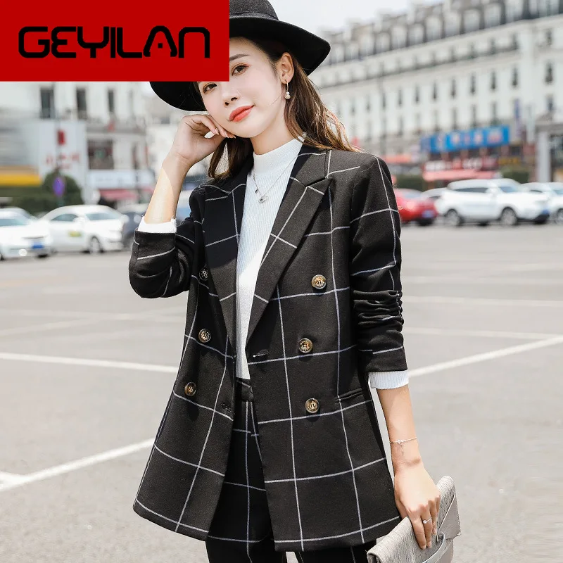 

Women's suit 2019 autumn new fashion casual temperament elegant loose lattice suit trousers double-breasted two-piece