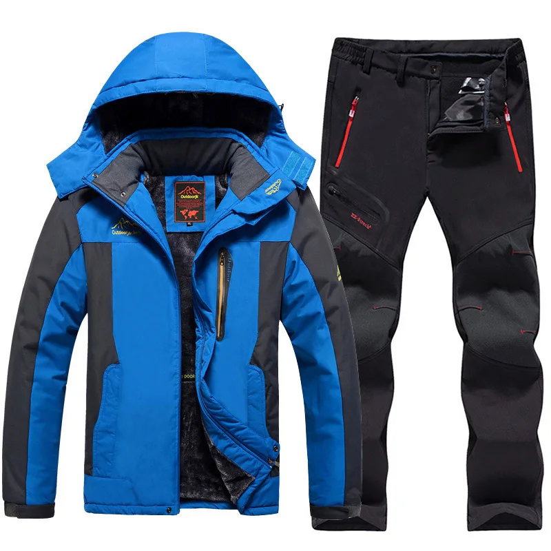 Мужской лыжный костюм больших размеров, водонепроницаемые флисовые куртки и штаны, уличная куртка для сноуборда, Снежная куртка, Уплотнённый тёплый мужской лыжный костюм - Цвет: Синий