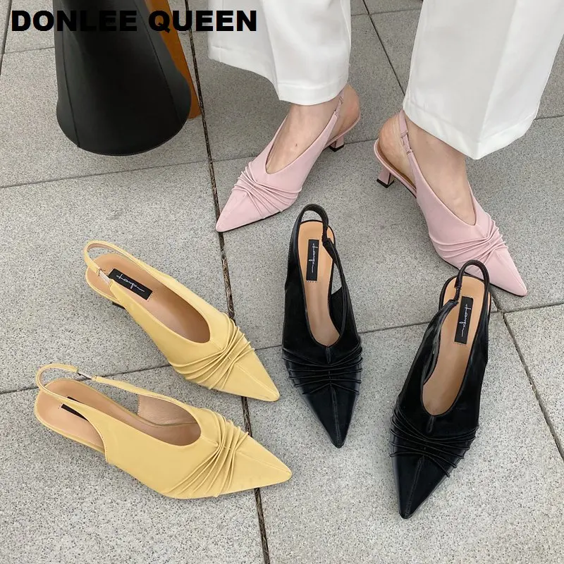 

Spring Back Strap Sandals Women Thin High Heels Shoes Slip On Mule Pleated Pointed Toe Shoe Sexy Slingback Pumps Sandalias Mujer