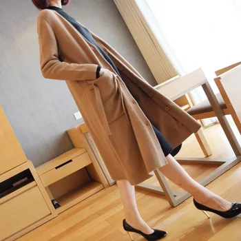 

New Women Spring/ Autumn Sweater 2019 Long Cardigan Korean Slim Pocket Loose Khaki Knit Sweater Outwear Coat