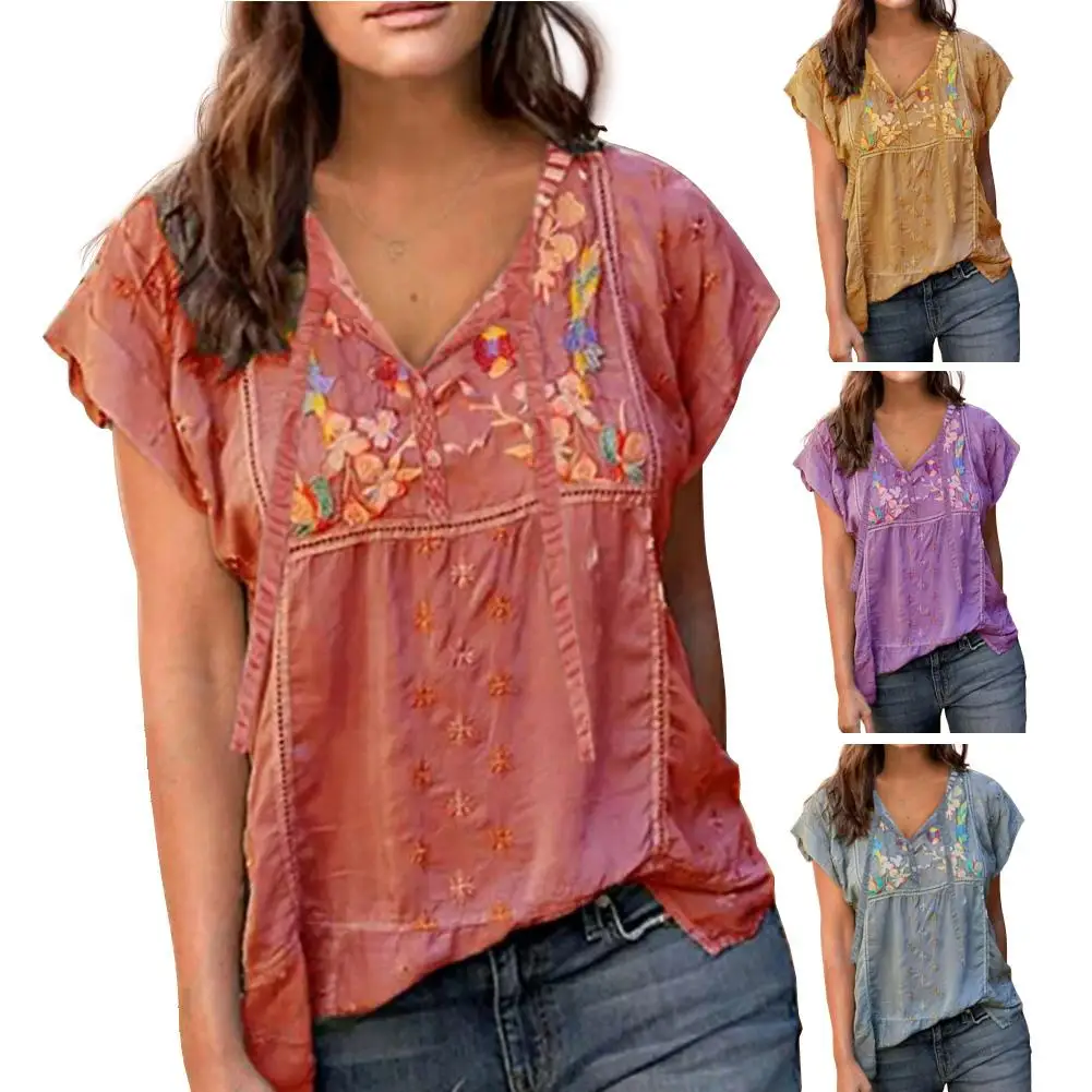 

Women Boho Solid Color Short Sleeve V Neck Embroidery Pullover Loose T-shirt