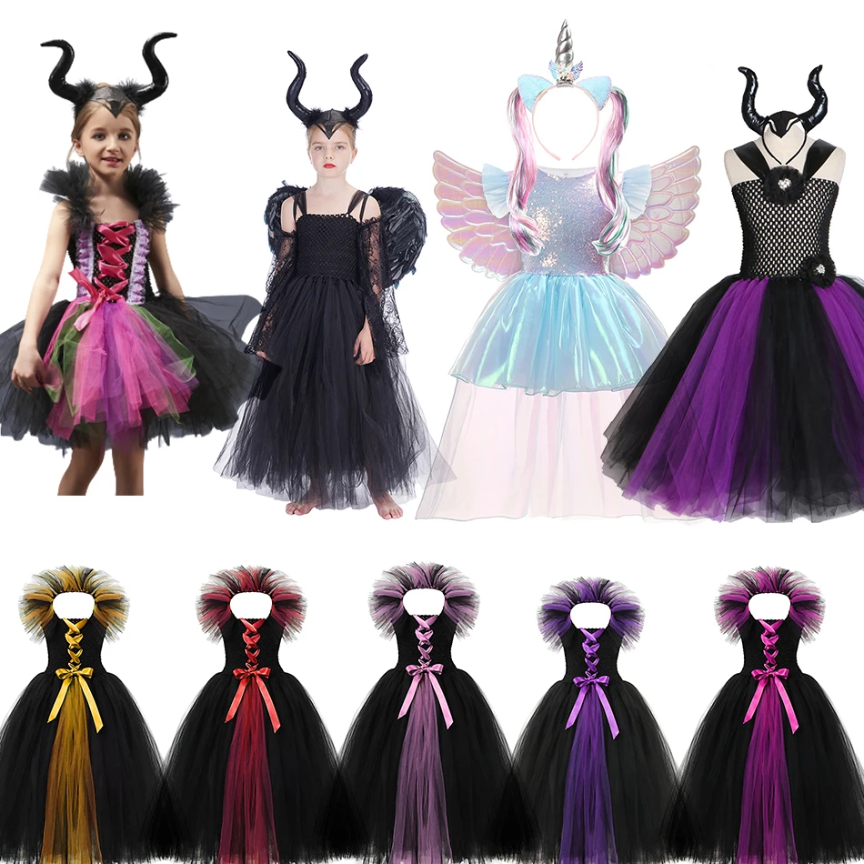 女の子のためのハロウィーンのコスプレ衣装 子供のためのマレフィセントスタイルのドレス 黒の悪魔のチュチュ それはダンです Aliexpress