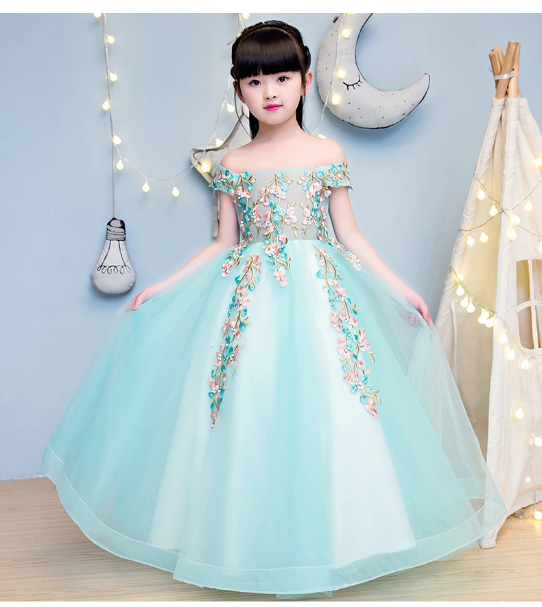 Элегантное свадебное платье с открытыми плечами для девочек; вечерние платья принцессы из тюля с кружевной аппликацией для дня рождения; платье для первого причастия для девочек