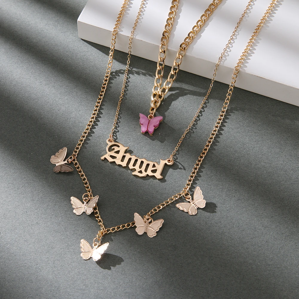 2021 Vintage Multilayer Acrylic Butterfly Choker Necklace Fashion Women Letter Golden Chain Layered Necklace Jewelry Party Gift