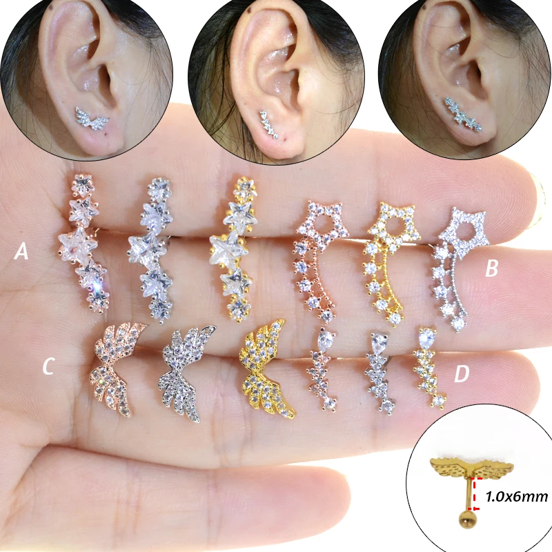 

1Pc Big Zircon Wing Cartilage Earring Piercing 1.0x6mm Tragus Conch Rook Ear Lobe Stud Helix Piercing Jewelry