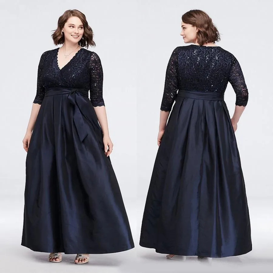 

Plus Size Lace Mother of the Bride Dresses Long Sleeves V Neck Sequined Wedding Guest Dress Ankle Length Taffeta Evening Gowns