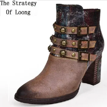 

Spring Autumn Winter Retro Women Genuine Leather Ankle Equestrian Boots Lady Metal Buckle Rivet Plus Size Short Boots 191101