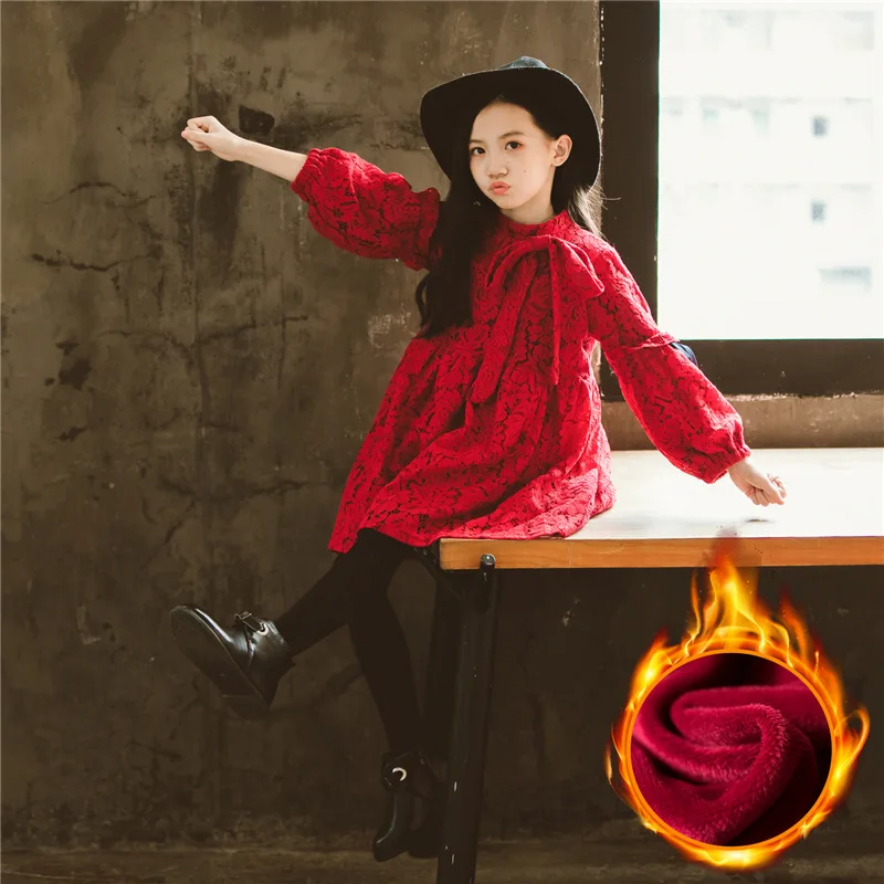 

2019 Autumn And Winter New Style Girls Korean-style plus Velvet Middle And Large Girls Dress Lace Embroidery Long Sleeve Girls L