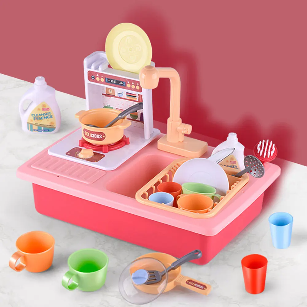 

Electric Dishwasher Playing Sink with Running Water Real Faucet Dishes Pretend Role Play Kitchen Developmental Toy for Toddlers
