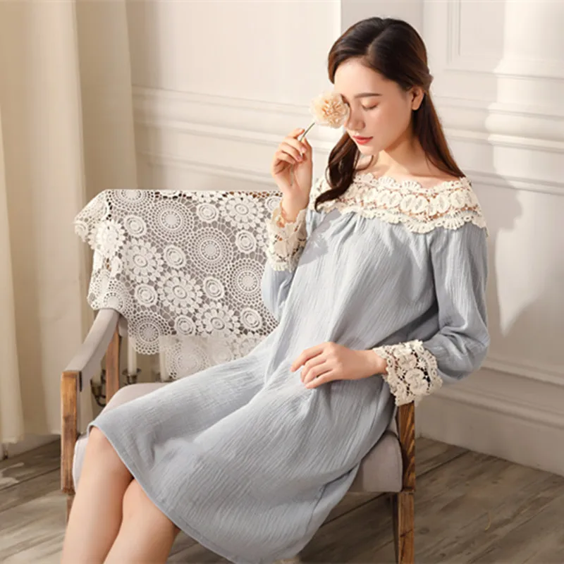Blue Винтажная кружевная Пижама, длинные хлопковые ночные рубашки, элегантное домашнее платье, Повседневная кружевная ночная рубашка, Милая Розовая домашняя мягкая одежда принцессы - Цвет: Blue