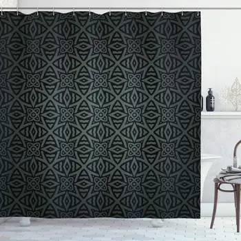 

Dark Grey Shower Curtain, Medieval Folkloric Ornament Celtic Pattern Vintage Style Abstract Floral Circles, Cloth Fabric