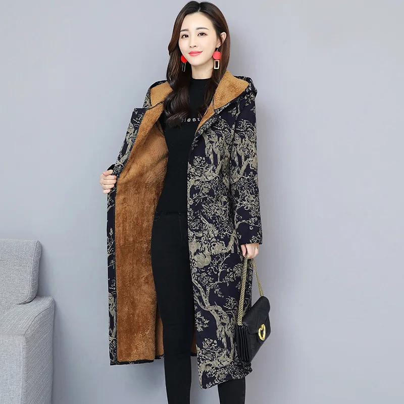 

Photo Shoot 2019 Winter New Style Ethnic-Style Cotton Linen Printed Large Size Dress Brushed And Thick Chinese-style Middle Long
