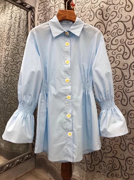 

2020 Spring and Summer New Women's Lapel Bell Sleeve Decorative Button Long Sleeve All-match Shirt 705