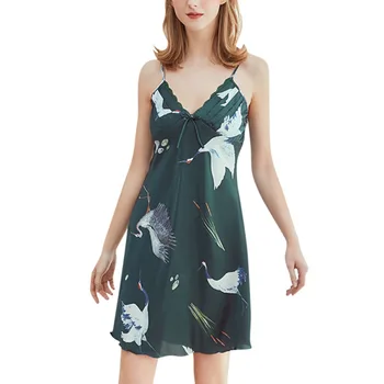 

Womenu2018s Sexy Sleeveless Silk Home Loose Thin Section Short Prints Halter Nightgown Dresses
