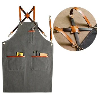 

New Denim Bibs Cowboy Aprons for Women Men Leather BBQ Chef Home Kitchen Dress Barber Hairdress Cafe Cook Waiter logo Pinafore