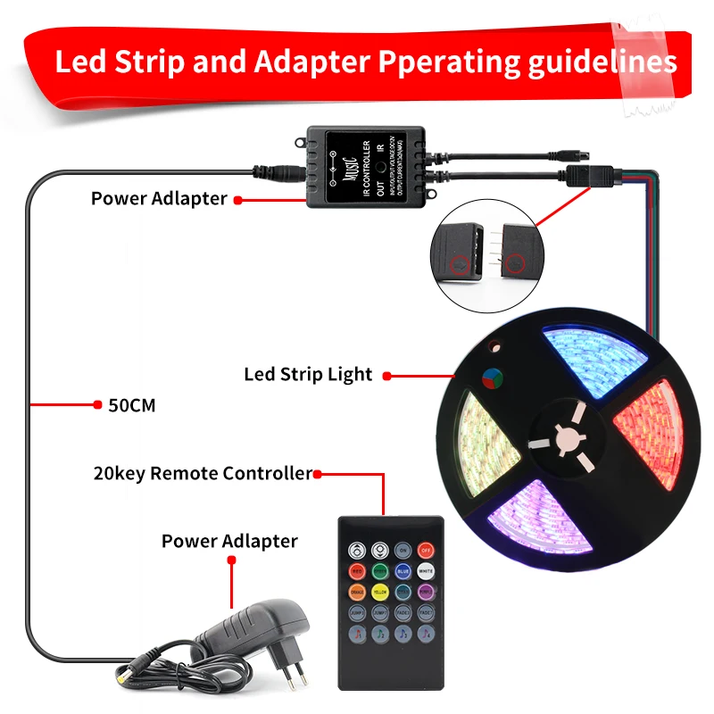 RGB Tape 12V LED Light Waterproof SMD 5050 5M 10M 15M Music Controller Flexible Neon 12V Adapter Set 30leds/60leds led strip