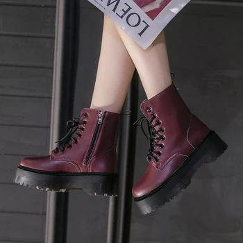 

Winter Women Ankle Snow Boot Soft Leather Wedges Rubber Platform Lace Up Sexy Punk Military Ladies Shoes Botas Mujer AA-668
