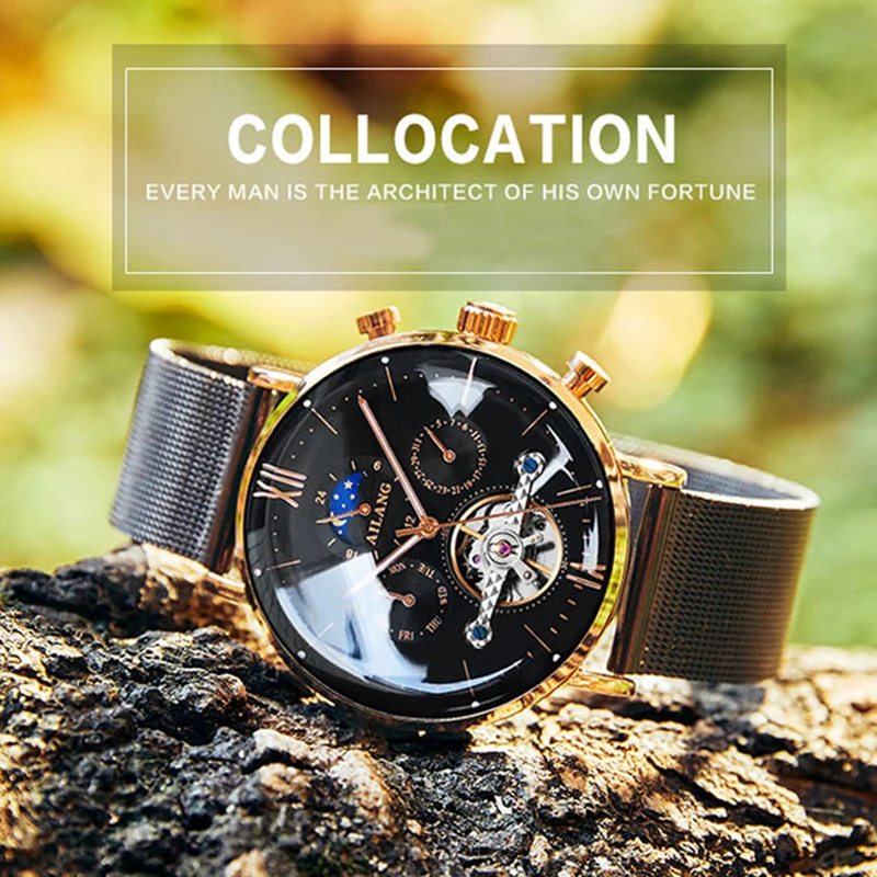 AILANG Uomo Automatico Meccanico Tourbillon di Lusso da Polso Uomo Cintura in Maglia di Acciaio Inossidabile es es_voghion.com