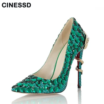 

Handmade green rhinestones wedding pumps sheepskin leather pointed toe red bottoms designer luxury bridal dress shoes 11cm size