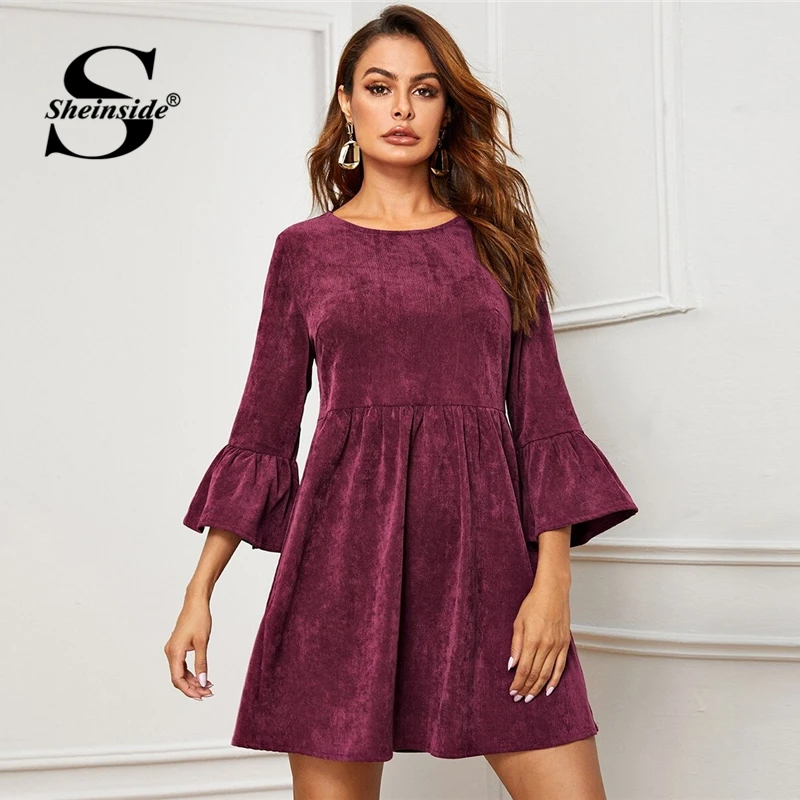 Sheinside, повседневное вельветовое платье с рукавом 3/4, для женщин,, осеннее платье трапециевидной формы с рукавами-воланами, Дамское Платье с пуговицами на спине