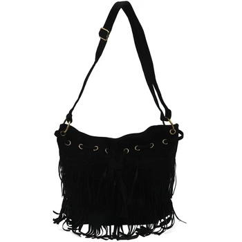 

Synthetic Buckle Tassel Cross Body Bag Black