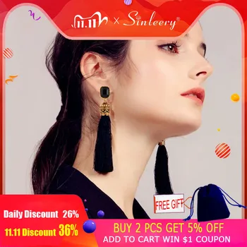 

SINLEERY Female Red Black Square Cubic Zirocnia Long Silk Tassel Earring Boho Antique Gold Color Ethnic Jewelry ES157 SSH