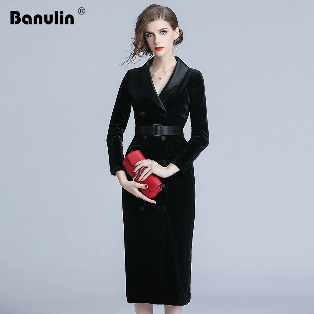 New Autumn Fashion Double-breasted Velvet Dress Women Winter Long Sleeve Blazer Collar Ladies Office Wear Bodycon Party Dress