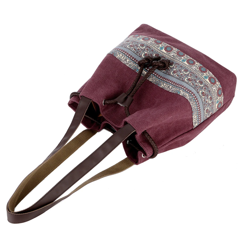Style Canvas Handbags Women Drawstring Bucket Bag Lady Cheap Shoulder Single Shoulder Shopping Bags Floral Printed Beach Bag 820
