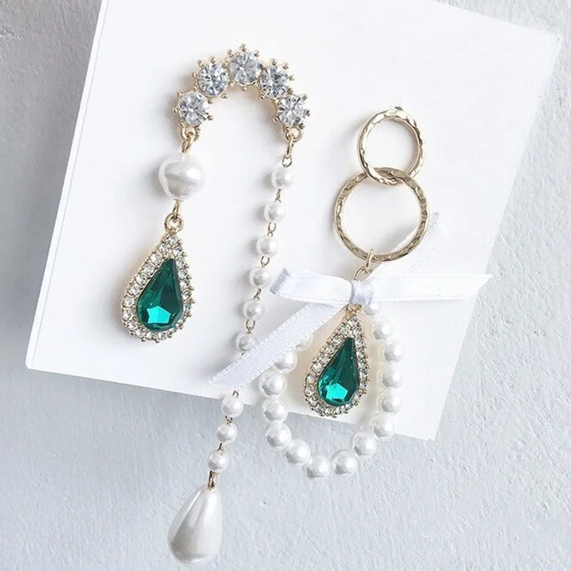 

Vintage Water Drop Women Dangle Earrings Asymmetric Pearl Ribbon Bow Long Earrings Bohemian Fashion Earrings For Women Statement