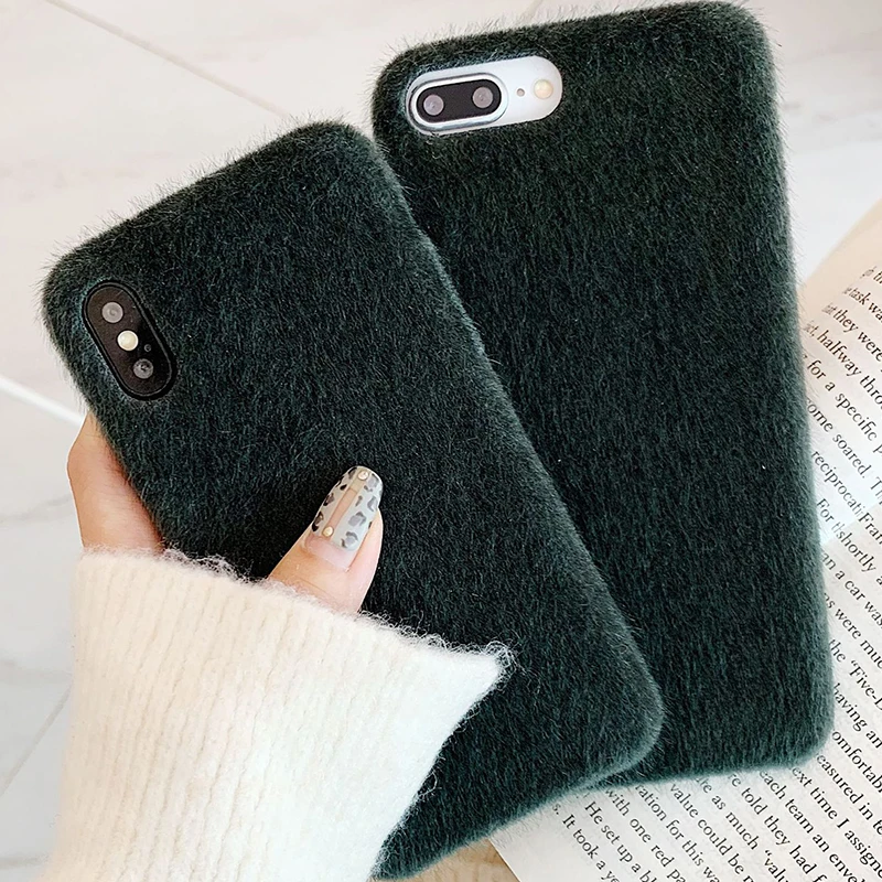 

Simple Winter Green Phone Case for iPhone 6 6s 7 8 Plus X Xs XR Xs Max Soft Plush Fabrics Warm Back Cover