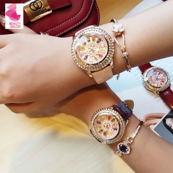 

Luxury Elegant Women Watches Fashion Lady Genuine Leather Diamond Table Dress Watch Lady's Wristwatch rhinestone watches Clock