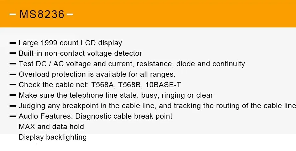 MASTECH MS8236 автоматический Диапазон Цифровой мультиметр LAN тестер сетевой кабель трекер тона проверка телефонной линии Бесконтактное напряжение обнаружения